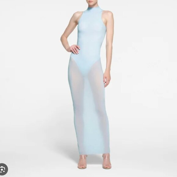 Skims Milky Sheer Mock Neck Long Dress | S | Opal (Light Blue) - Picture 1 of 5